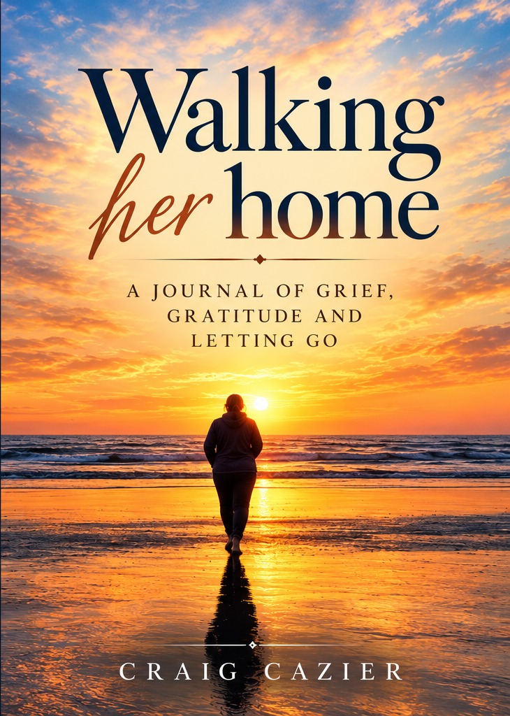 Walking Her Home book cover: a silhouetted figure walks a beach toward a sunset